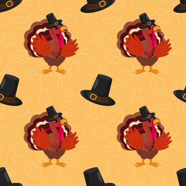 Vector Seamless Pattern Cartoon Turkey Bird Happy Thanksgiving Celebration Holiday — Stock Vector