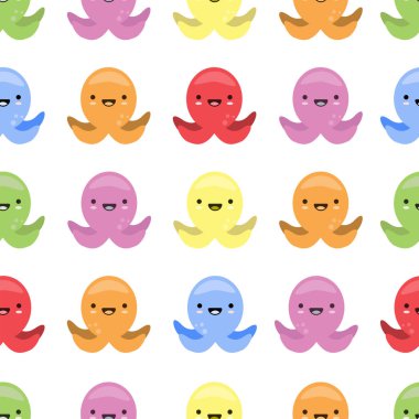  Şirin renkli ahtapotlu, kusursuz vektör deseni. Bebek kıyafetleri, duvar kâğıdı, kumaş, tekstil ve web tasarımı için mükemmel. Beyazda izole edilmiş.