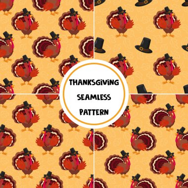  Sevimli hindilerle dolu bir Şükran Günü dizisi. Tebrik kartı, hediye kutusu, duvar kağıdı, kumaş, web tasarımı için tatil arkaplanı.