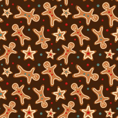  Zencefilli ekmekle kusursuz bir desen. Tebrik kartı, hediye kutusu, duvar kağıdı, kumaş, web tasarımı için koyu kahverengi arka planda Noel kurabiyesi..