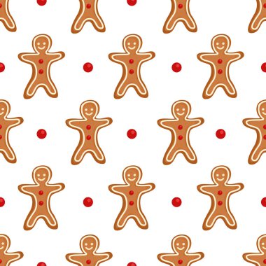  Zencefilli ekmeklerle kusursuz bir desen. Kumaş, duvar kağıdı, tekstil, paket, tebrik kartı, hediye kutusu, web tasarımı için nefis bir arka plan. Beyazda izole edilmiş.