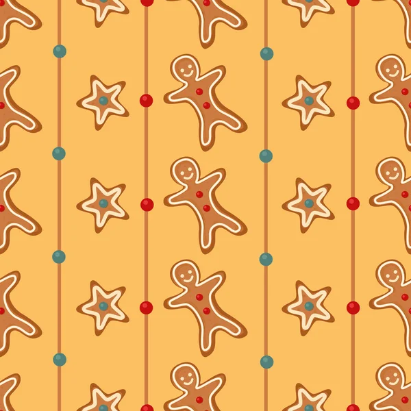 Vektor Nahtlose Muster Mit Lebkuchen Weihnachten Lebkuchen Auf Orangefarbenem Hintergrund — Stockvektor