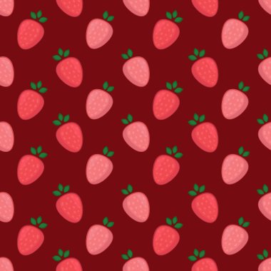  Kırmızı arka planda çilekli, pürüzsüz vektör deseni. Paket, masa örtüsü, kumaş, duvar kağıdı, tekstil, web tasarımı için meyve arkaplanı.