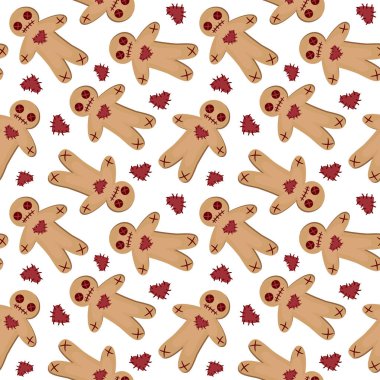  Vudu bebekleriyle kusursuz bir şablon. Beyazda izole edilmiş. Kutlama kartı, hediye kutusu, duvar kağıdı, kumaş, tekstil, paket, web tasarımı için Cadılar Bayramı arkaplanı.