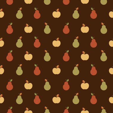 Renkli armut ve elmalarla kusursuz bir desen. Paket, masa örtüsü, kumaş, duvar kağıdı, tekstil, web tasarımı için koyu kahverengi arkaplan.