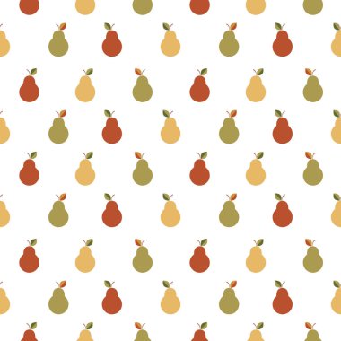  Renkli armutları olan kusursuz bir şekil. Paket için meyve arkaplanı, masa örtüsü, kumaş, duvar kağıdı, tekstil, web tasarımı. Beyazda izole edilmiş.
