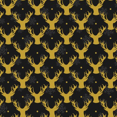  Siyah arka planda altın renkli geyik kafası siluetleri olan kusursuz bir Noel deseni. Tebrik kartı, hediye kutusu, duvar kağıdı, kumaş, tekstil, paket, web tasarımı için Noel tasarımı.