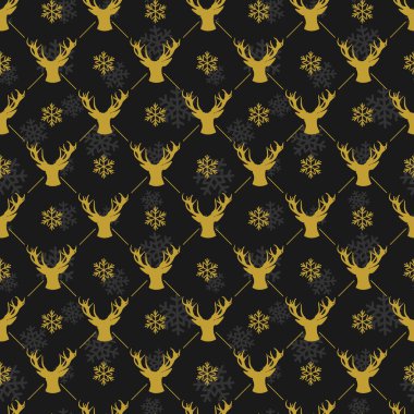  Siyah zemin üzerinde altın geyik siluetleri olan vektörsüz Noel deseni; tebrik kartı, hediye kutusu, duvar kağıdı, kumaş, tekstil, web tasarımı için noel tasarımı.