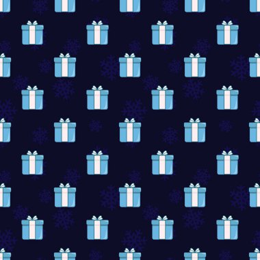  Lacivert arka planda mavi hediye kutularıyla kusursuz bir Noel deseni. Tebrik kartı, hediye kutusu, ambalaj kağıdı, kumaş, paket, web tasarımı için tatil tasarımı.