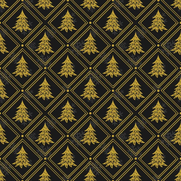 Vector Seamless Pattern Golden Christmas Trees Black Background Geometrical Christmas — Stock Vector