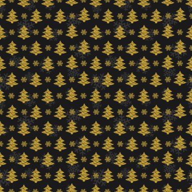  Siyah zemin üzerinde altın noel ağaçları olan vektörsüz desen; tebrik kartı, hediye kutusu, duvar kağıdı, kumaş, tekstil, paket, web dekoru için Noel tasarımı.