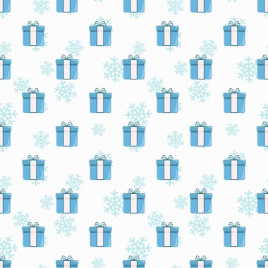  Mavi hediye kutularıyla kusursuz bir Noel deseni. Tebrik kartı, hediye kutusu, ambalaj kağıdı, kumaş, paket, web tasarımı için tatil tasarımı.