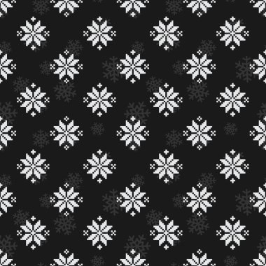  Siyah arka planda beyaz kar taneleri olan süveter için vektörsüz desen. Tebrik kartı, hediye kutusu, kumaş, duvar kağıdı, tekstil, web tasarımı için Noel tasarımı.
