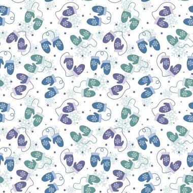  Karda renkli eldivenleri olan kusursuz bir model. Tebrik kartı, hediye kutusu, kumaş, ambalaj kağıdı, duvar kağıdı, web tasarımı için kış arkaplanı.