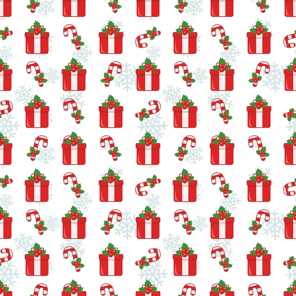 Vector Nahtlose Weihnachtsmuster Mit Roten Geschenk Boxen Stechpalmen Beeren Und — Stockvektor