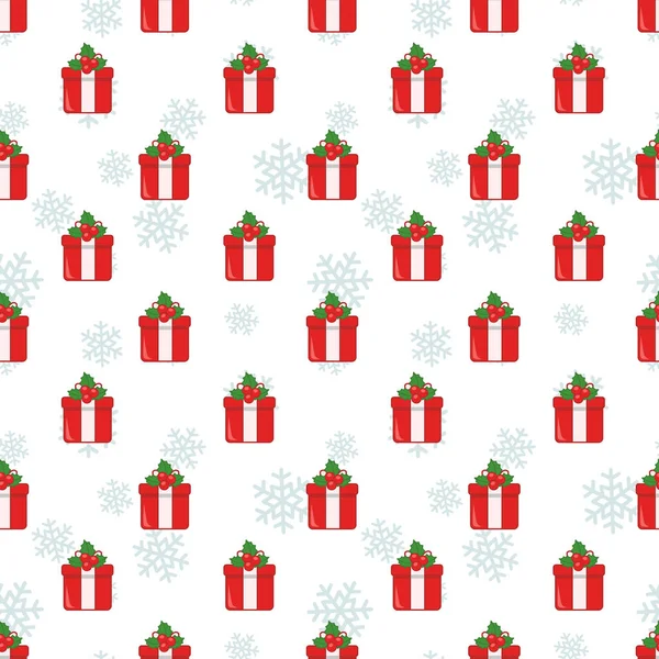 Vector Nahtloses Weihnachtsmuster Mit Roten Geschenkschachteln Und Stechpalmen Urlaubsdesign Für — Stockvektor