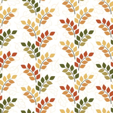  Beyaz arka planda dalları ve renkli yaprakları olan dikişsiz çiçek deseni. Kumaş, duvar kağıdı, tekstil ve web tasarımı için çiçek tasarımı.