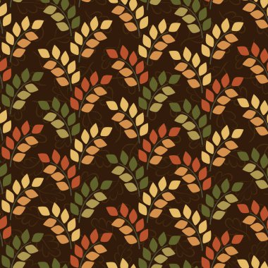  Kahverengi arka planda dalları ve renkli yaprakları olan dikişsiz çiçek deseni. Kumaş, duvar kağıdı, tekstil ve web tasarımı için çiçek tasarımı.