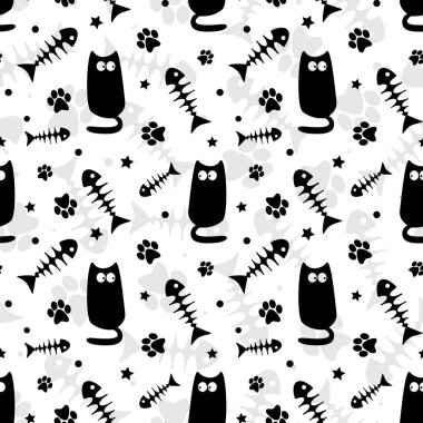  Kedi pençesi izi, balık iskeleti ve kedi silueti olan kusursuz bir şekil. Paket, kumaş, duvar kağıdı, ambalaj kağıdı, etiket, web tasarımı için sevimli hayvanlar.