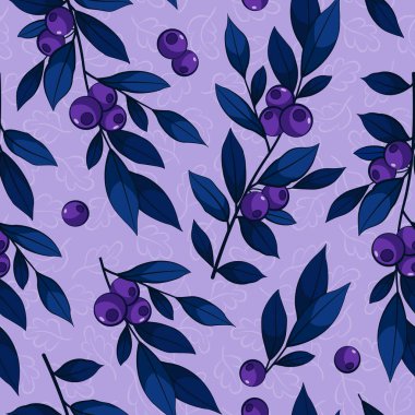  Koyu mavi dalları, yaprakları ve böğürtlenleri olan dikişsiz çiçek deseni. Kumaş, duvar kağıdı, tekstil, ambalaj kağıdı, web tasarımı için doğal arkaplan.