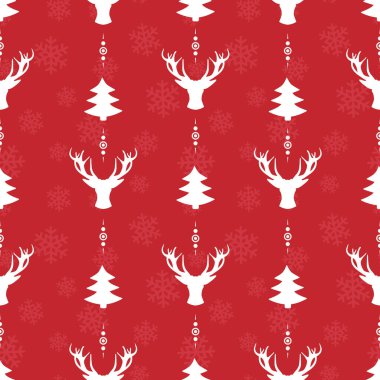  Vector seamless Christmas pattern; white holiday elements on red background; Christmas design for greeting card, gift box, wallpaper, wrapping paper, fabric, package, web design.