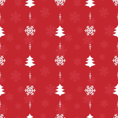  Vector seamless Christmas pattern; white christmas trees and snowflakes on red background; Christmas design for greeting card, gift box, wallpaper, wrapping paper, fabric, package, web design.