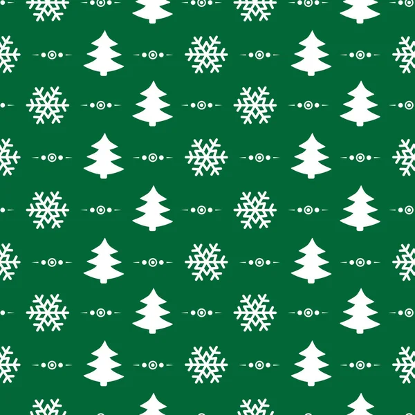 Векторный Бесшовный Рождественский Узор Белыми Елками Снежинками Зеленом Фоне Праздничный — стоковый вектор