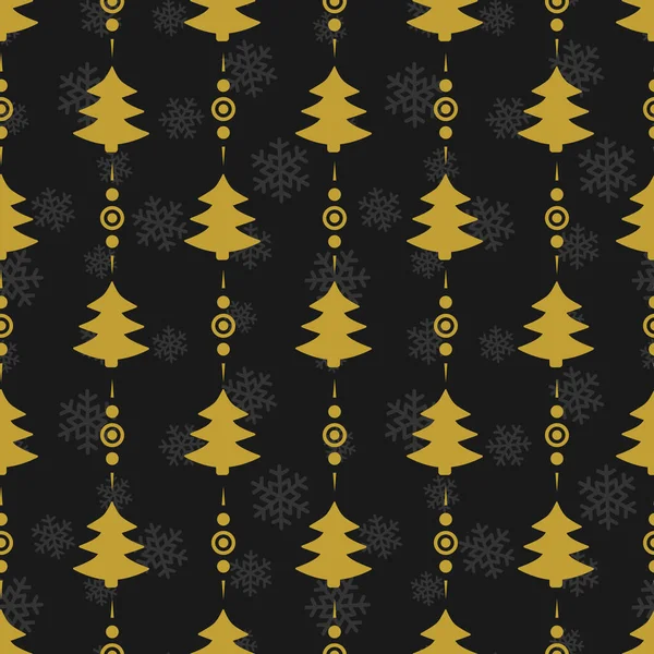 Vektor Nahtloses Weihnachtsmuster Mit Goldenen Weihnachtsbäumen Auf Schwarzem Hintergrund Urlaubsdesign — Stockvektor