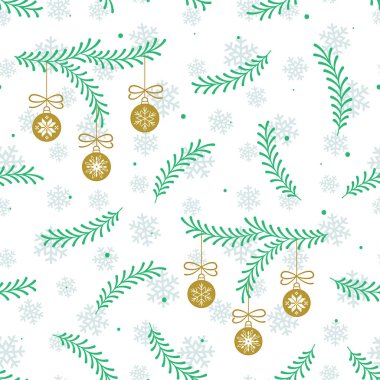  Vector seamless pattern with christmas tree branches and golden christmas balls on white background; Christmas design for greeting card, gift box, wallpaper, fabric, web design.