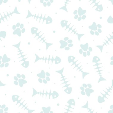  Vector seamless pattern with cat paw prints and fish skeletons on white background; cute design for fabric, wrapping paper, textile, package, web design.