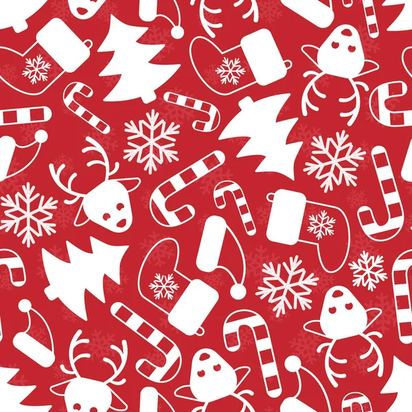 Vector Seamless Christmas Pattern White Holiday Elements Red Background Christmas — Stockvektor