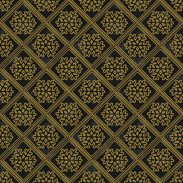 Vector Seamless Geometric Winter Pattern Golden Snowflakes Black Background Holiday — 스톡 벡터