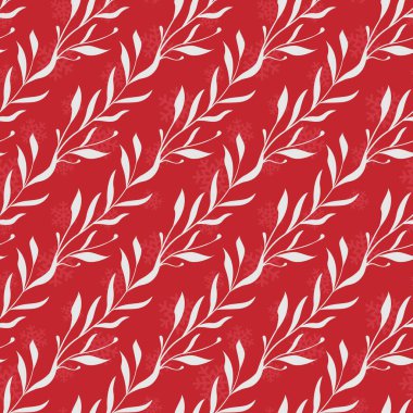  Floral seamless diagonal pattern with white branches and leaves on red background with snowflakes; winter design for greeting card, gift box, wrapping paper, wallpaper, fabric, web design.