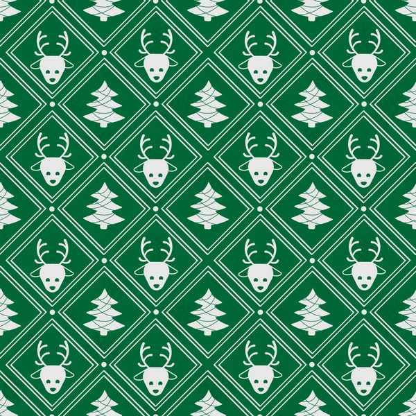 Векторный Бесшовный Геометрический Узор Белыми Оленями Рождества Елками Зеленом Фоне — стоковый вектор