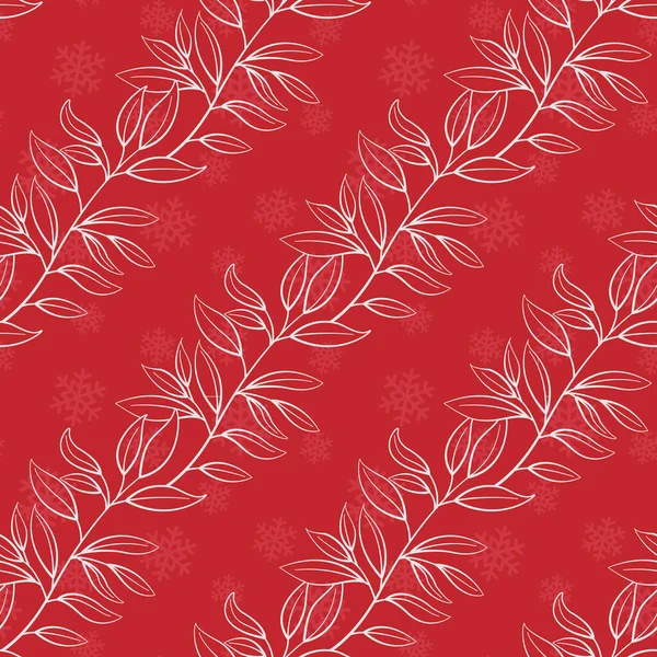 Floral Seamless Diagonal Pattern White Branches Leaves Red Background Snowflakes — Stockvektor