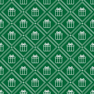  Vector seamless geometric pattern with white gift boxes on green background; winter design for greeting card, gift box, wallpaper, wrapping paper, fabric, web design.