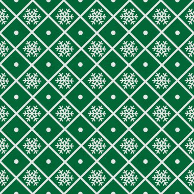  Vector seamless geometrical pattern with white snowflakes on green background; winter design for greeting card, gift box, wallpaper, wrapping paper, web design.