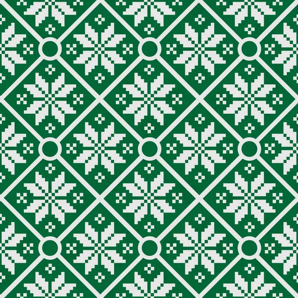 Векторний Безшовний Геометричний Візерунок Білими Язаними Сніжинками Зеленому Фоні Зимовий — стоковий вектор