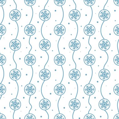 Vector seamless pattern with blue snowflakes garlands on white background; winter design for greeting card, gift box, wallpaper, wrapping paper, fabric, web design.