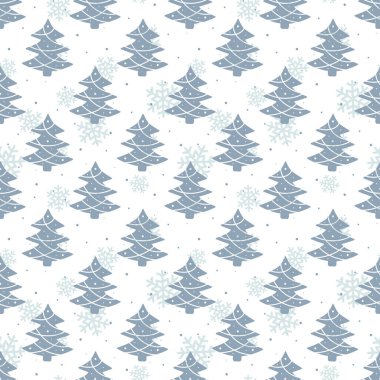  Vector seamless pattern with blue christmas trees on white background; winter design for greeting card, gift box, wallpaper, wrapping paper, fabric, web design.