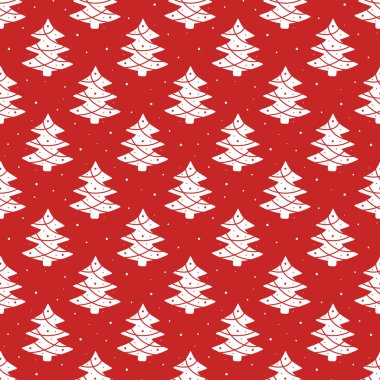 Vector seamless pattern with white christmas trees on red background; winter design for greeting card, gift box, wallpaper, wrapping paper, fabric, web design.