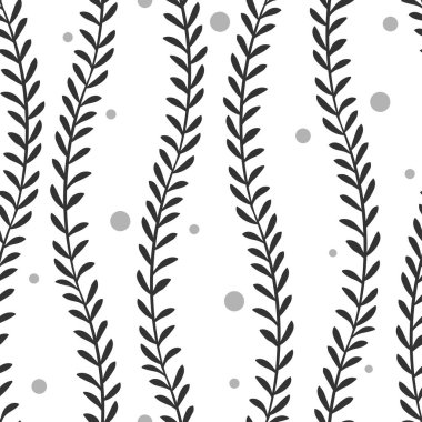  Dikey dalları ve yaprakları olan çiçeksiz desen; hava kabarcıkları olan yosun; beyaz üzerine izole edilmiş. Kumaş, duvar kağıdı, ambalaj kağıdı, paket, web tasarımı için denizcilik deseni.