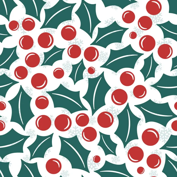 Vektor Nahtloses Muster Mit Stechpalmen Hintergrund Mit Schneeflocken Weihnachtsdesign Für — Stockvektor