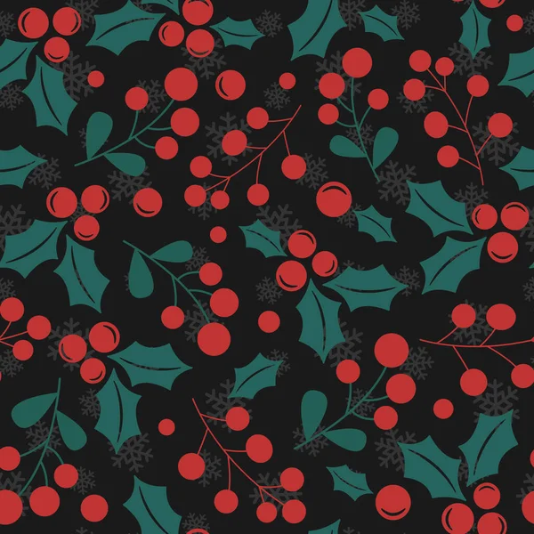 Vektor Nahtloses Muster Mit Stechpalmen Schwarzer Hintergrund Mit Schneeflocken Weihnachtsdesign — Stockvektor