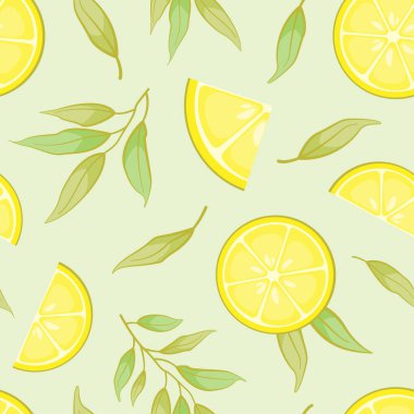  Limon ve yapraklı vektörsüz desen; kumaş, duvar kağıdı, ambalaj kağıdı, paket, tekstil, web tasarımı için meyve arkaplanı.