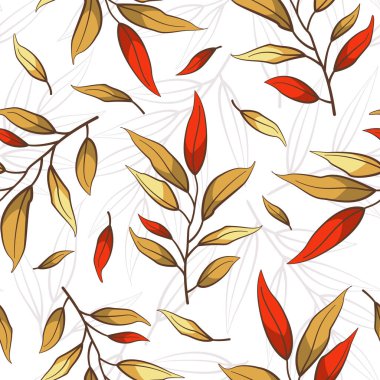  Renkli dalları ve yaprakları olan vektörsüz desen; kumaş, duvar kağıdı, ambalaj kağıdı, tekstil, paket, web tasarımı için çiçek arkaplanı. Beyaz arkaplan.