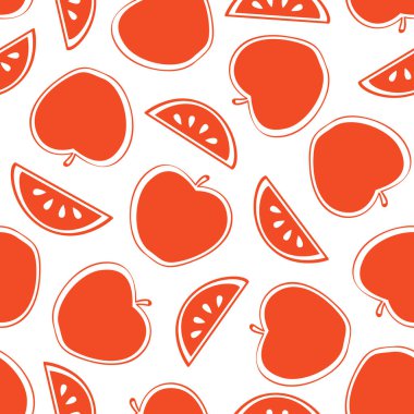  Kırmızı elmalı vektörsüz desen; soyut meyveler; kumaş, duvar kağıdı, ambalaj kağıdı, paket, tekstil, web tasarımı için lezzetli arka plan. Beyaz arkaplan.