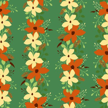  Yeşil zemin üzerinde dikey çiçekleri olan çiçeksiz desen; vektör illüstrasyonu; kumaş, duvar kağıdı, ambalaj kağıdı, tekstil, web tasarımı için çiçek tasarımı.