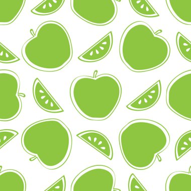  Yeşil elmalı vektör deseni; beyaz üzerine izole edilmiş; kumaş, duvar kağıdı, paket, tekstil, web tasarımı için meyvemsi arkaplan.