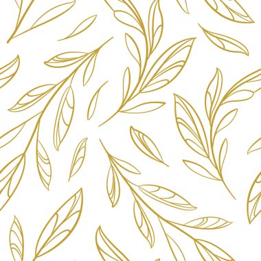  Ana hatları altın dalları ve yaprakları olan vektörsüz desen; beyaz arkaplanda çiçek soyut tasarımı; kumaş, duvar kağıdı, ambalaj kağıdı, tekstil, web tasarımı için mükemmel.